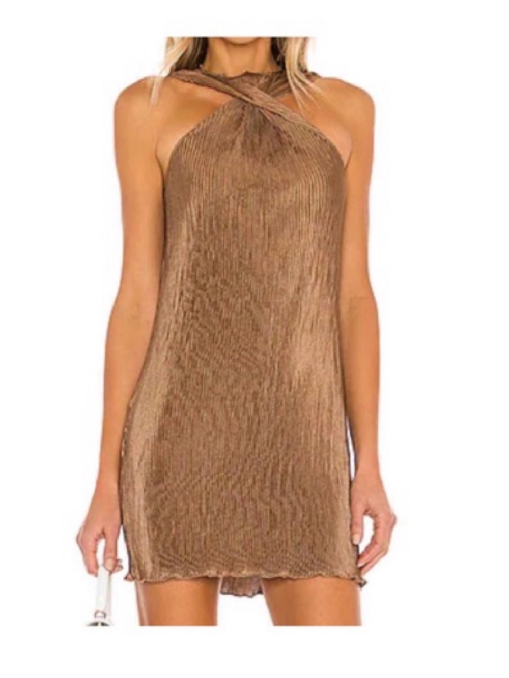Song of Style Brown Bronze Pleated Cross Halter Mini Dress M